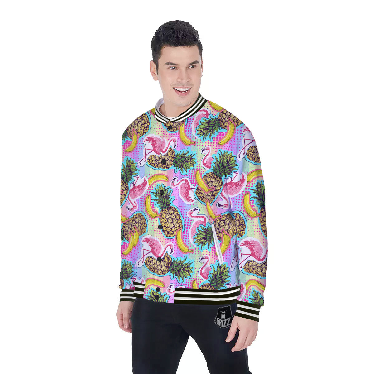 Flamingo And Pineapple Rainbow Print Pattern Baseball Jacket-grizzshop