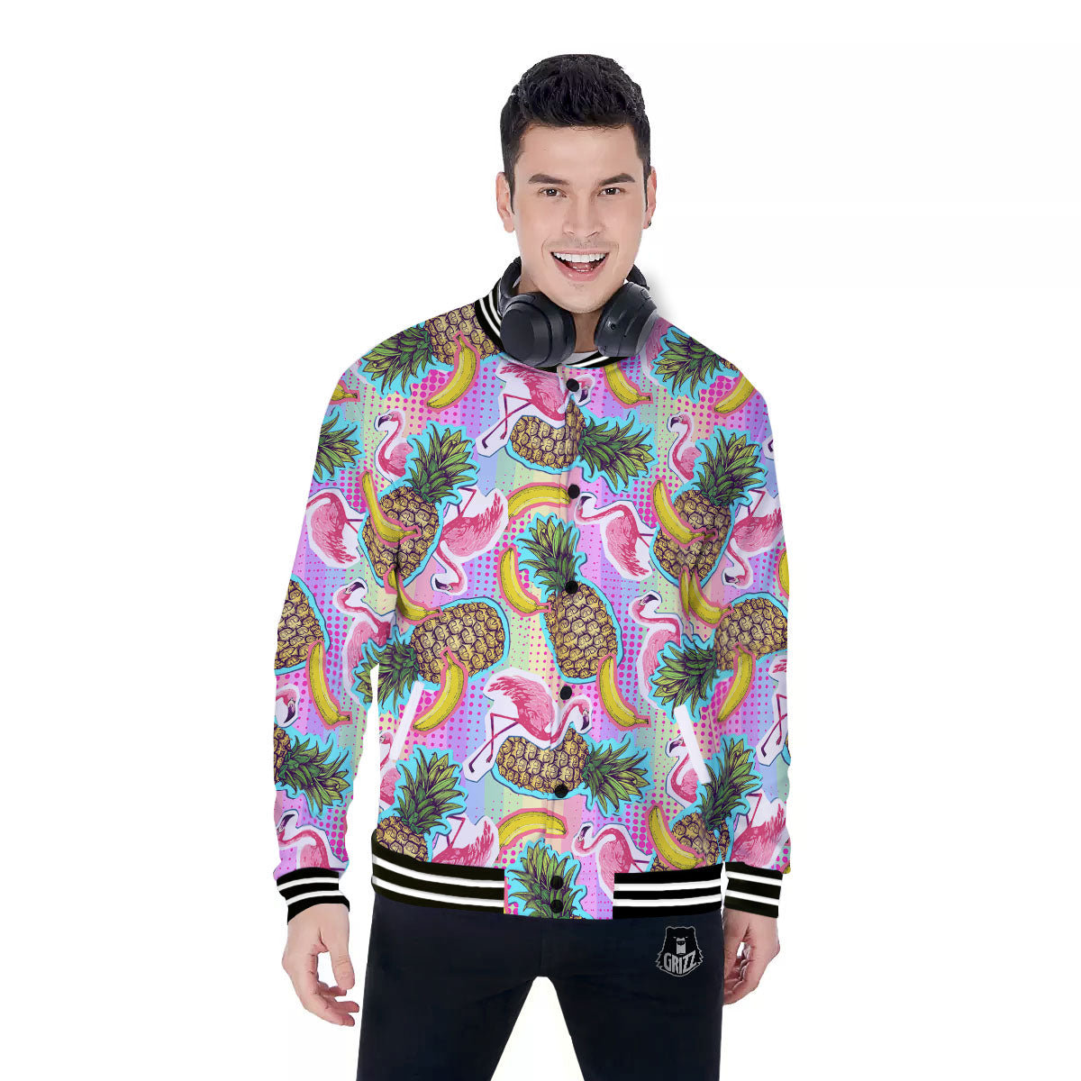 Flamingo And Pineapple Rainbow Print Pattern Baseball Jacket-grizzshop