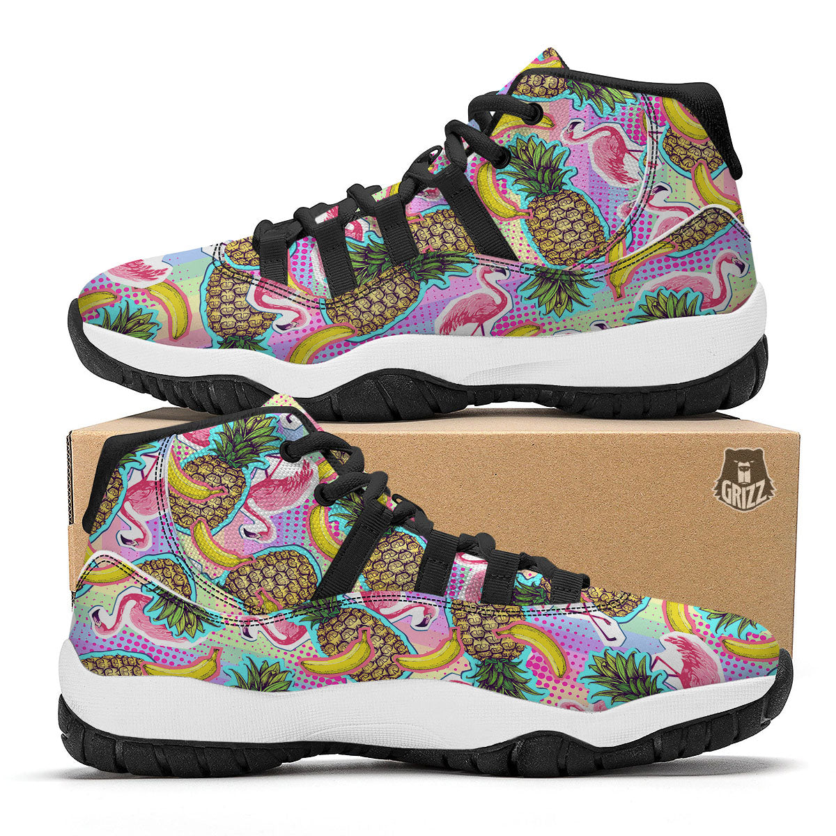 Flamingo And Pineapple Rainbow Print Pattern Black Bball Shoes-grizzshop