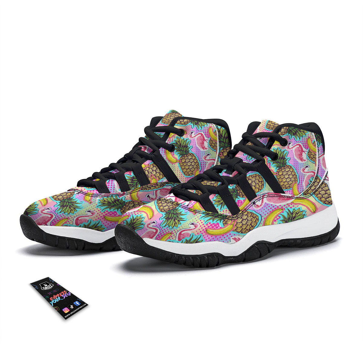 Flamingo And Pineapple Rainbow Print Pattern Black Bball Shoes-grizzshop
