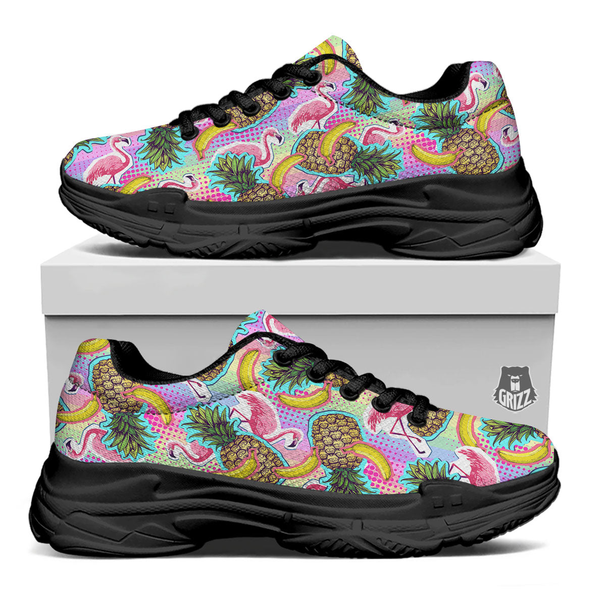 Flamingo And Pineapple Rainbow Print Pattern Black Chunky Shoes-grizzshop