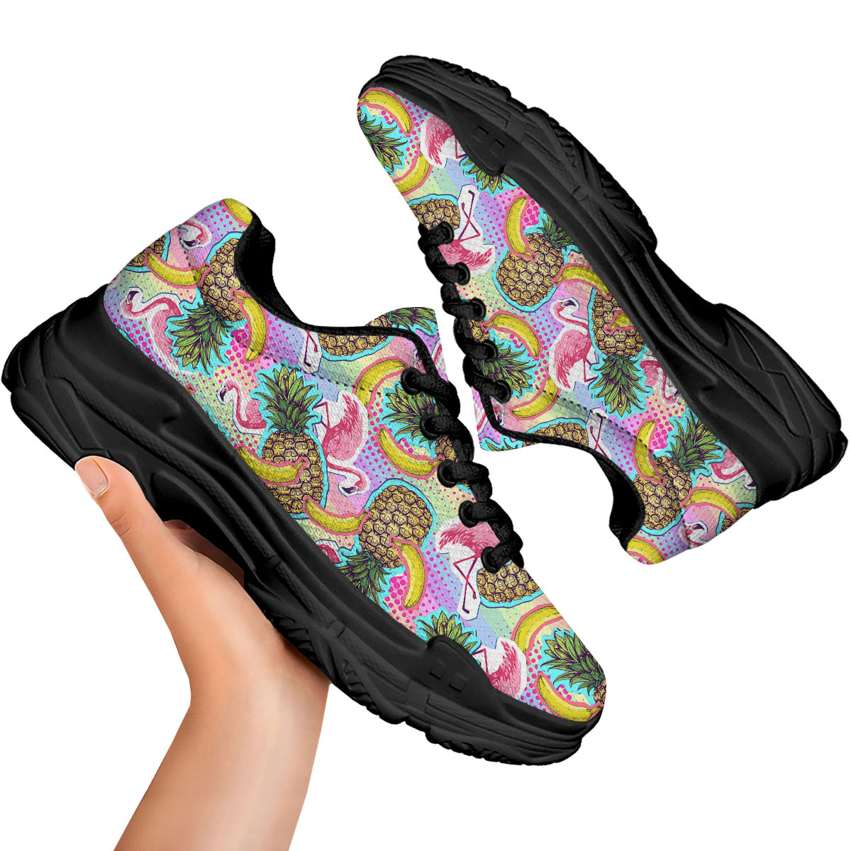 Flamingo And Pineapple Rainbow Print Pattern Black Chunky Shoes-grizzshop