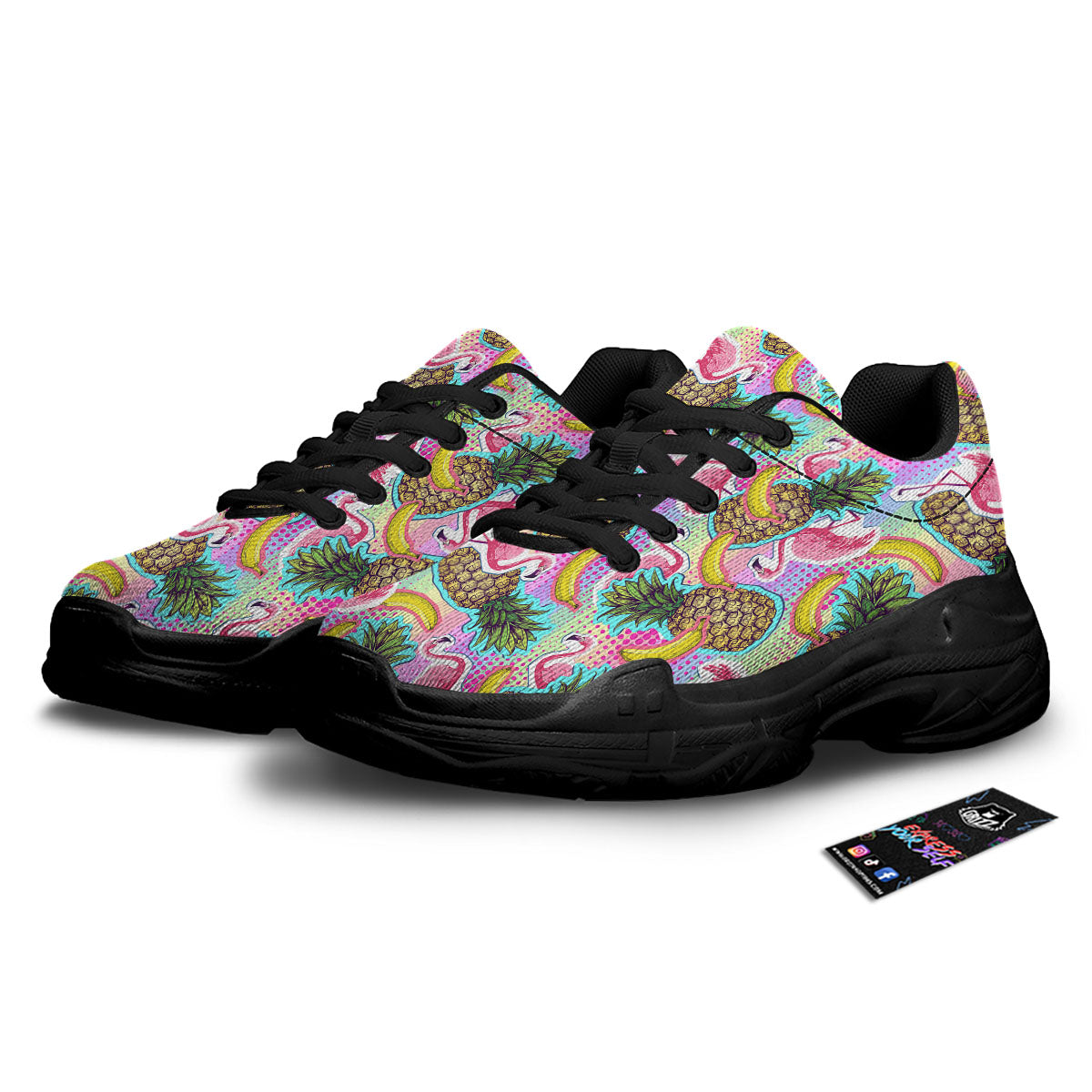 Flamingo And Pineapple Rainbow Print Pattern Black Chunky Shoes-grizzshop