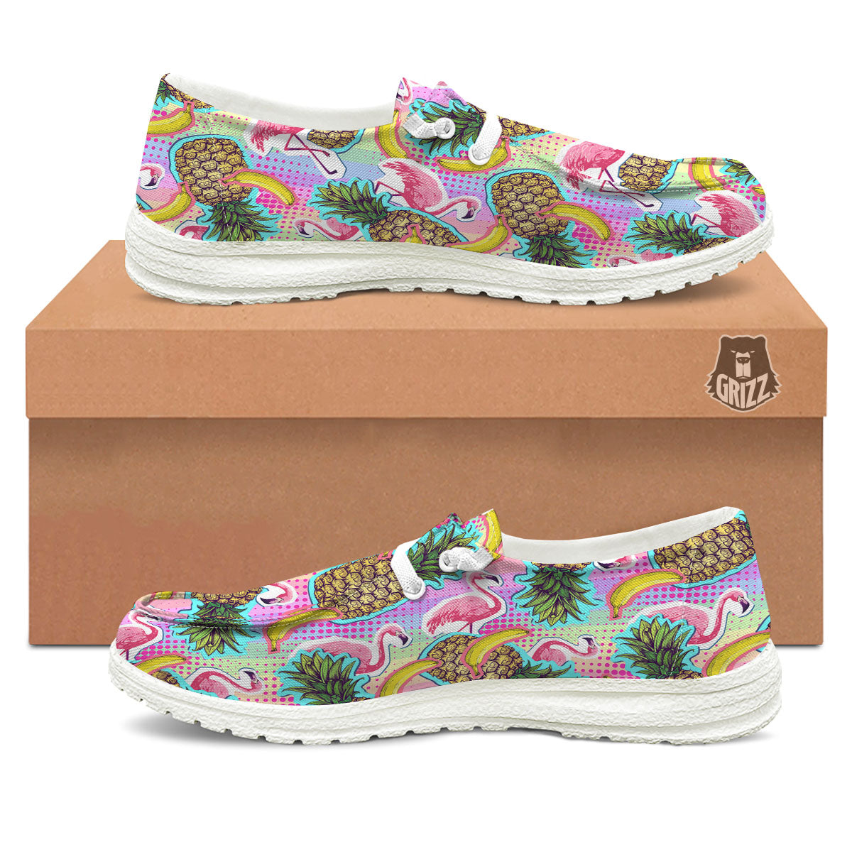Flamingo And Pineapple Rainbow Print Pattern Black Loafers-grizzshop