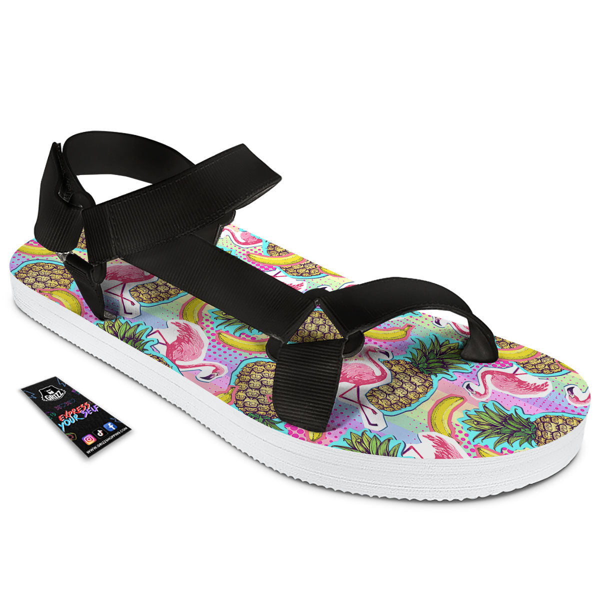 Flamingo And Pineapple Rainbow Print Pattern Black Open Toe Sandals-grizzshop