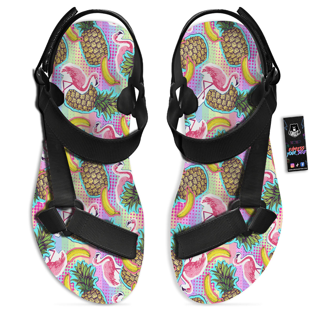 Flamingo And Pineapple Rainbow Print Pattern Black Open Toe Sandals-grizzshop