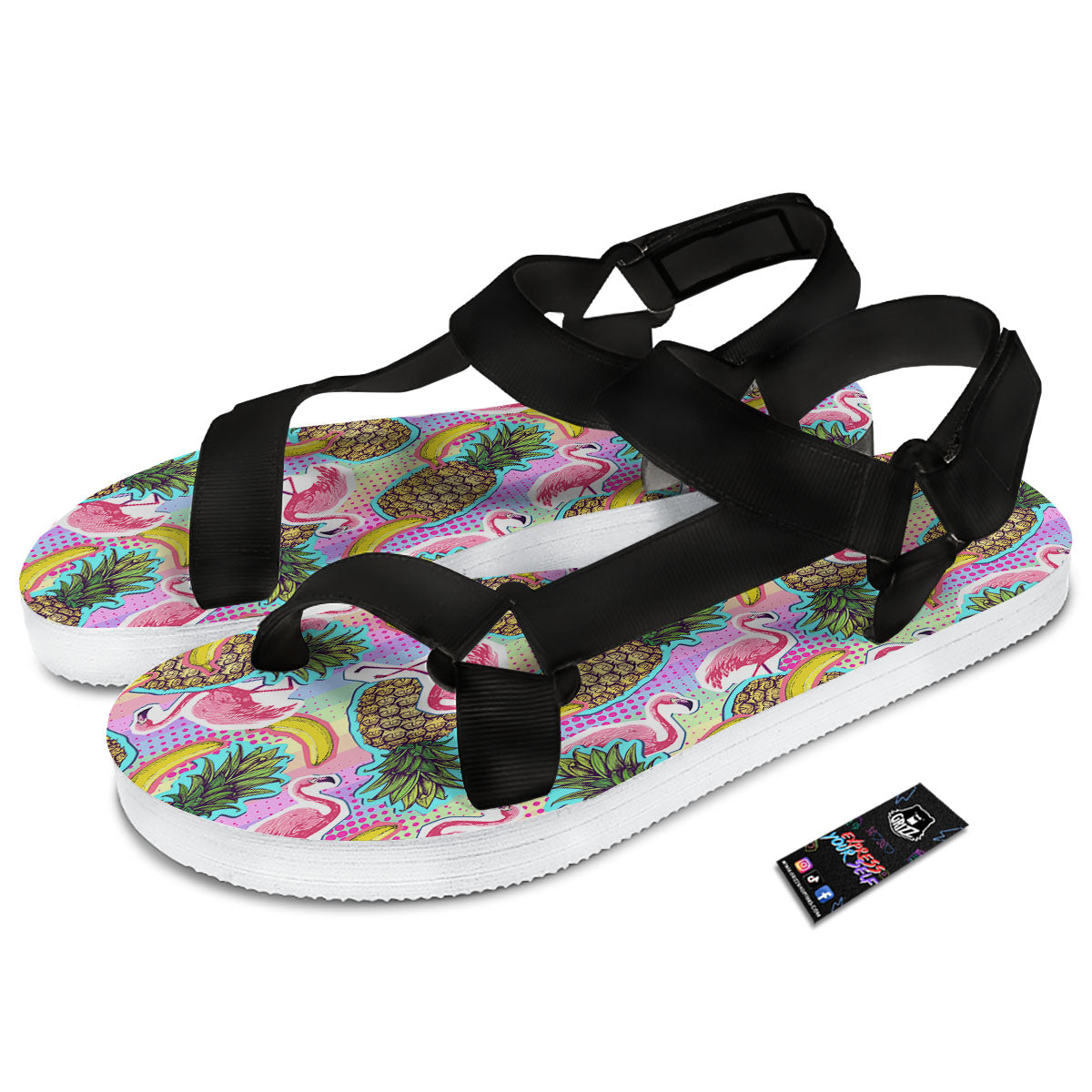 Flamingo And Pineapple Rainbow Print Pattern Black Open Toe Sandals-grizzshop