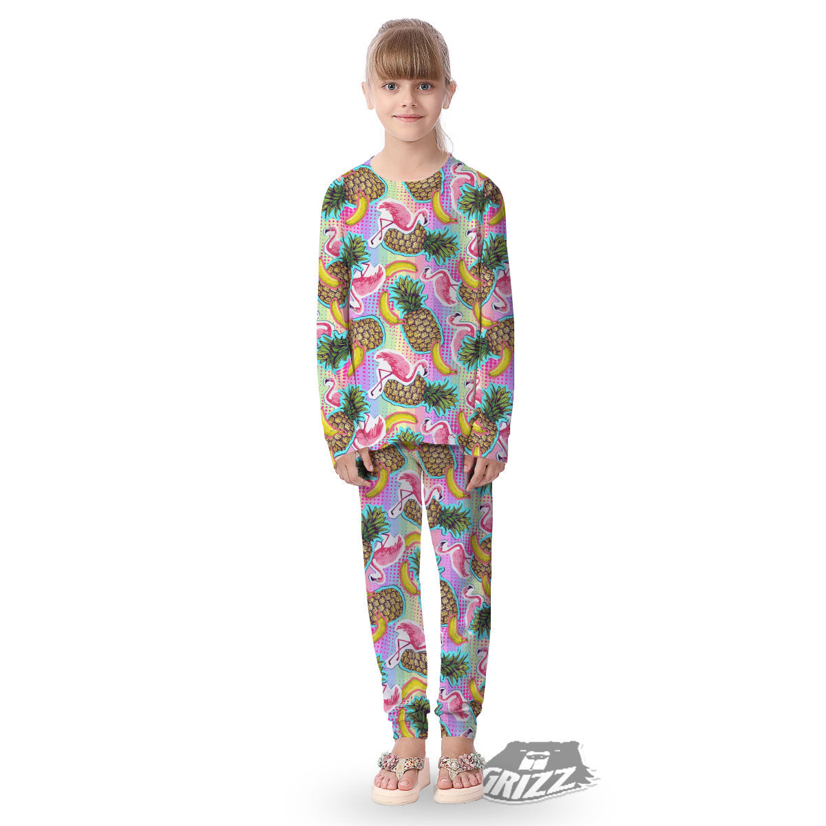 Flamingo And Pineapple Rainbow Print Pattern Kid's Pajamas-grizzshop