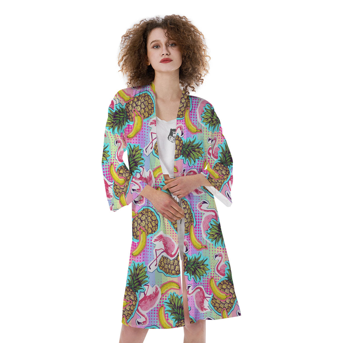 Flamingo And Pineapple Rainbow Print Pattern Kimono-grizzshop