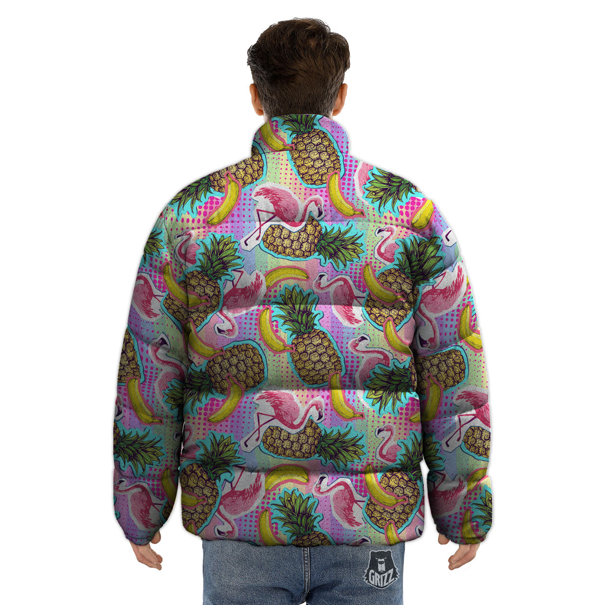 Flamingo And Pineapple Rainbow Print Pattern Puffer Jacket-grizzshop