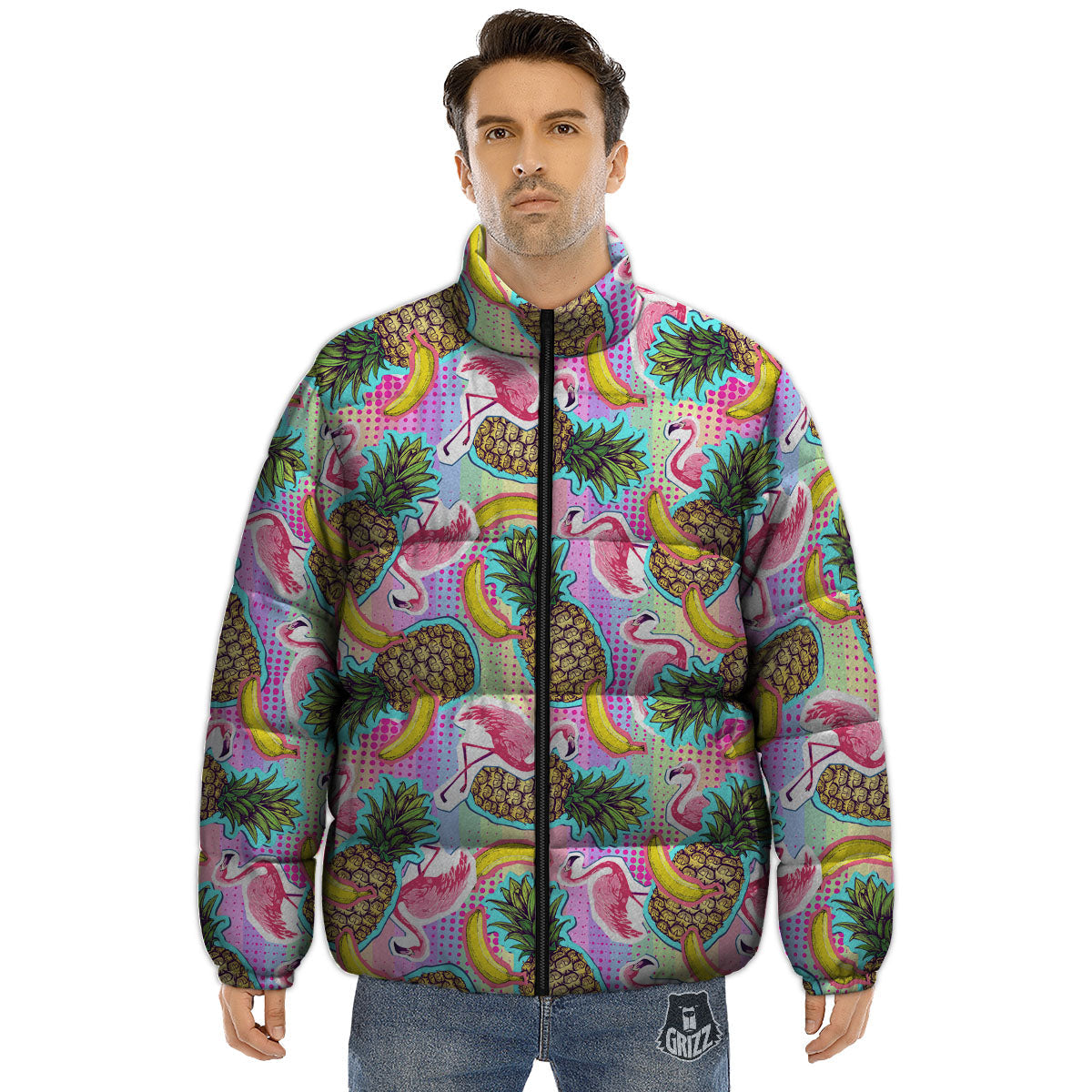 Flamingo And Pineapple Rainbow Print Pattern Puffer Jacket-grizzshop