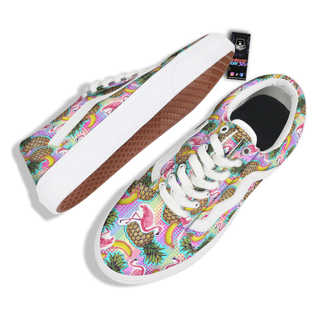 Flamingo And Pineapple Rainbow Print Pattern Skate Shoes-grizzshop
