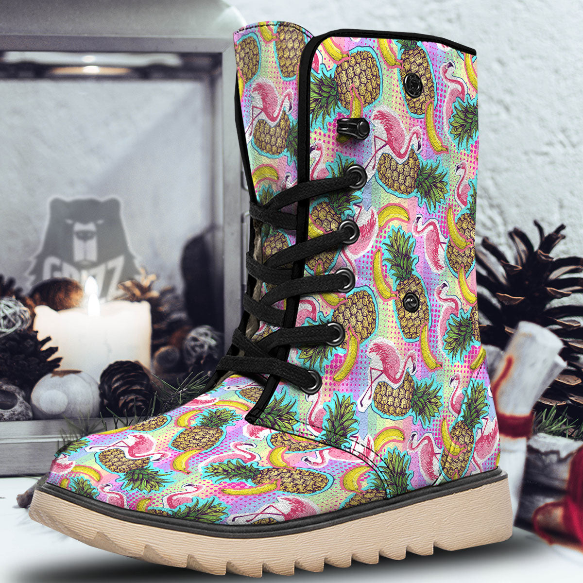 Flamingo And Pineapple Rainbow Print Pattern Snow Boots-grizzshop