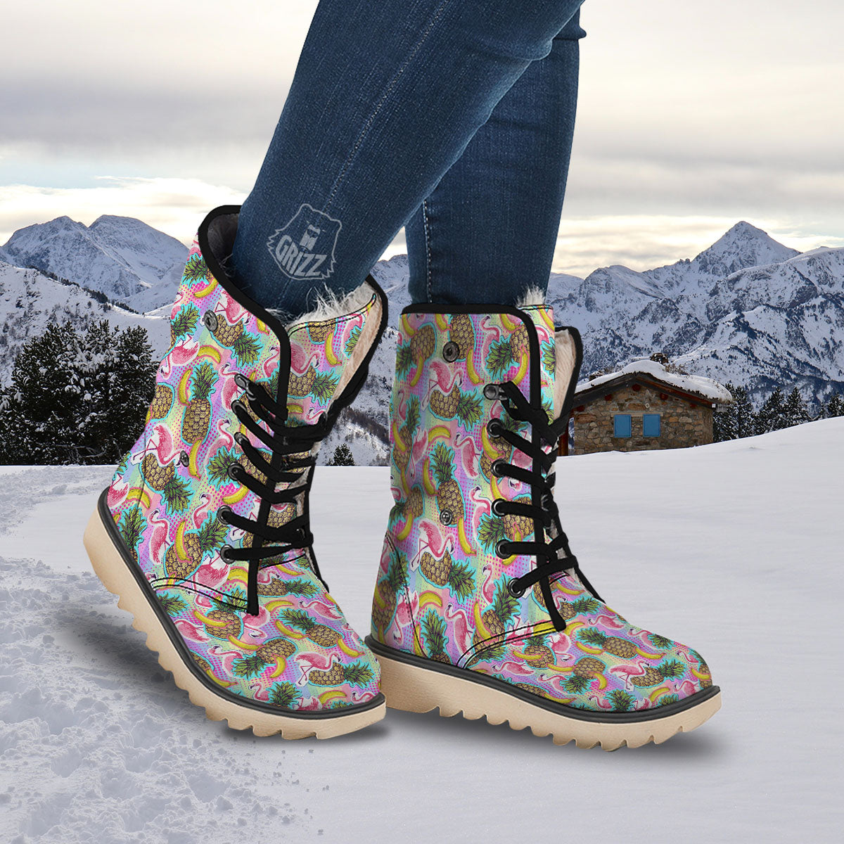 Flamingo And Pineapple Rainbow Print Pattern Snow Boots-grizzshop