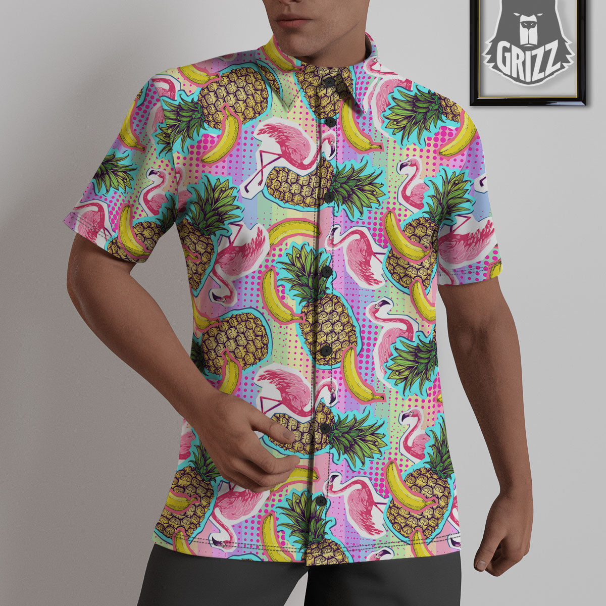 Flamingo And Pineapple Rainbow Print Pattern Untucked Shirts-grizzshop