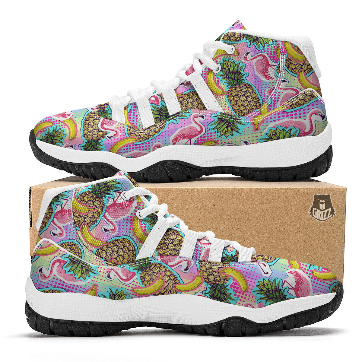Flamingo And Pineapple Rainbow Print Pattern White Bball Shoes-grizzshop