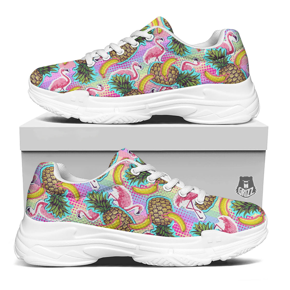 Flamingo And Pineapple Rainbow Print Pattern White Chunky Shoes-grizzshop