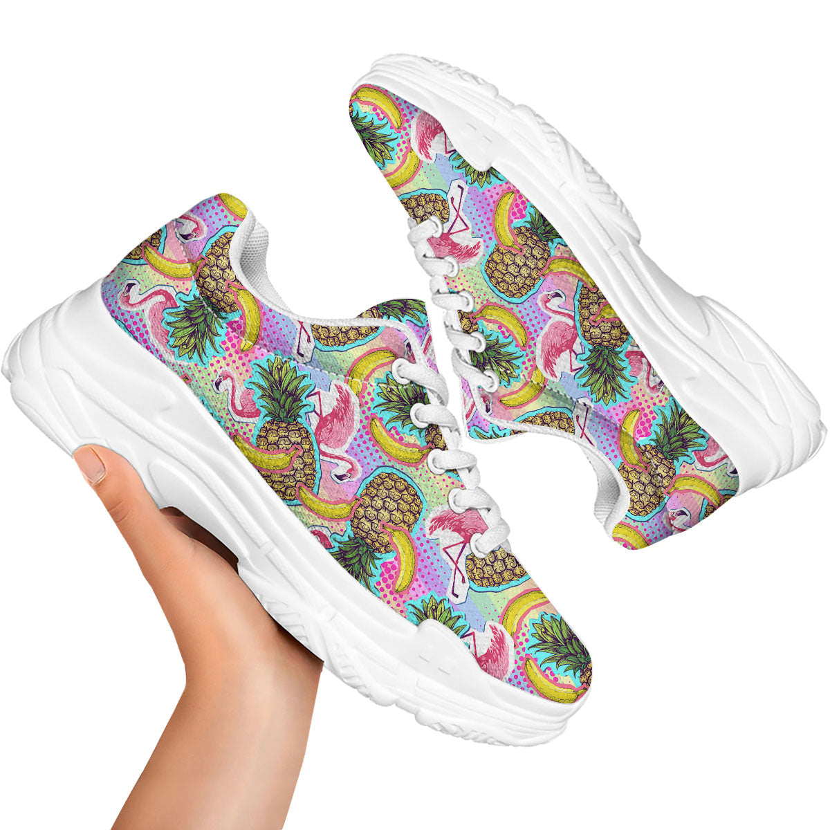 Flamingo And Pineapple Rainbow Print Pattern White Chunky Shoes-grizzshop