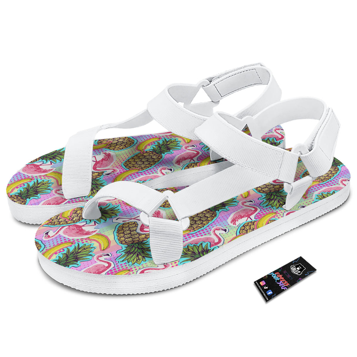Flamingo And Pineapple Rainbow Print Pattern White Open Toe Sandals-grizzshop