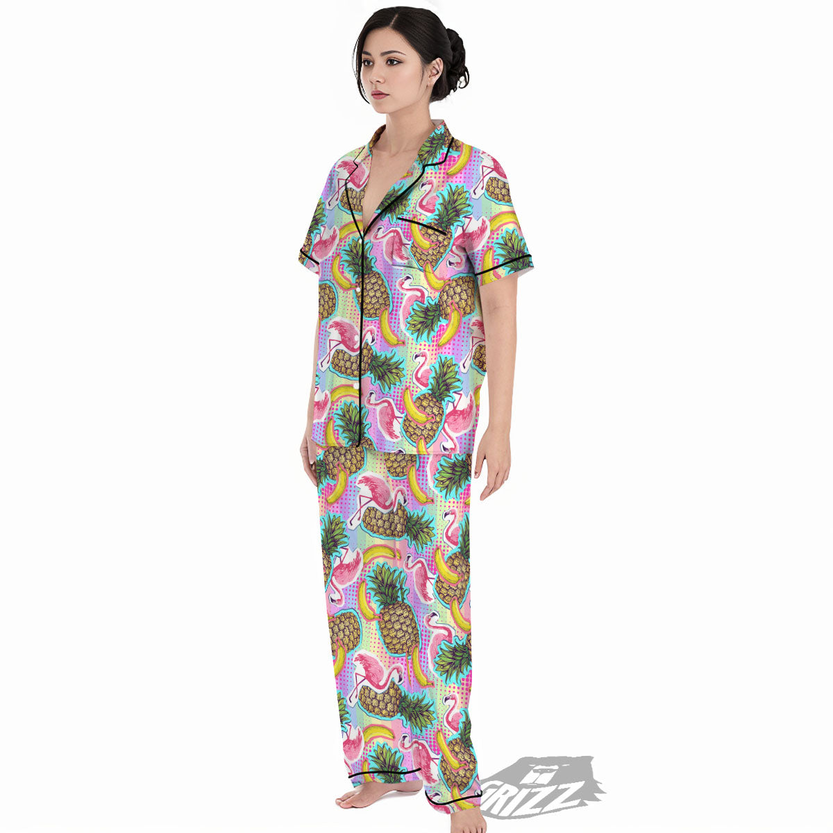 Flamingo And Pineapple Rainbow Print Pattern Women's Pajamas Set-grizzshop