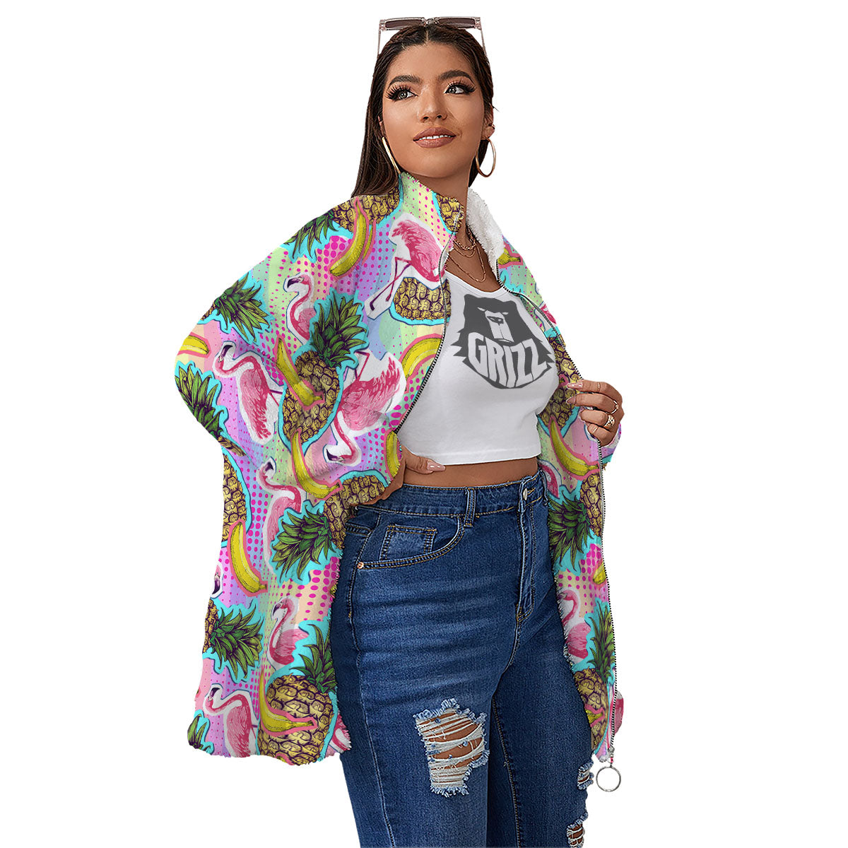 Flamingo And Pineapple Rainbow Print Pattern Women's Sherpa Jacket-grizzshop