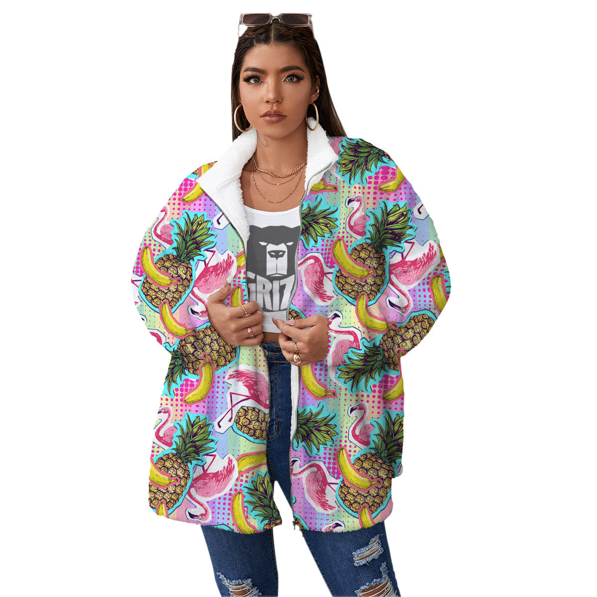 Flamingo And Pineapple Rainbow Print Pattern Women's Sherpa Jacket-grizzshop