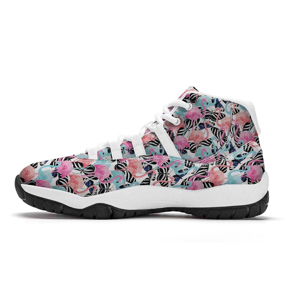 Flamingo Butterfly Hawaiian Tropical Pattern Print White Bball Shoes-grizzshop