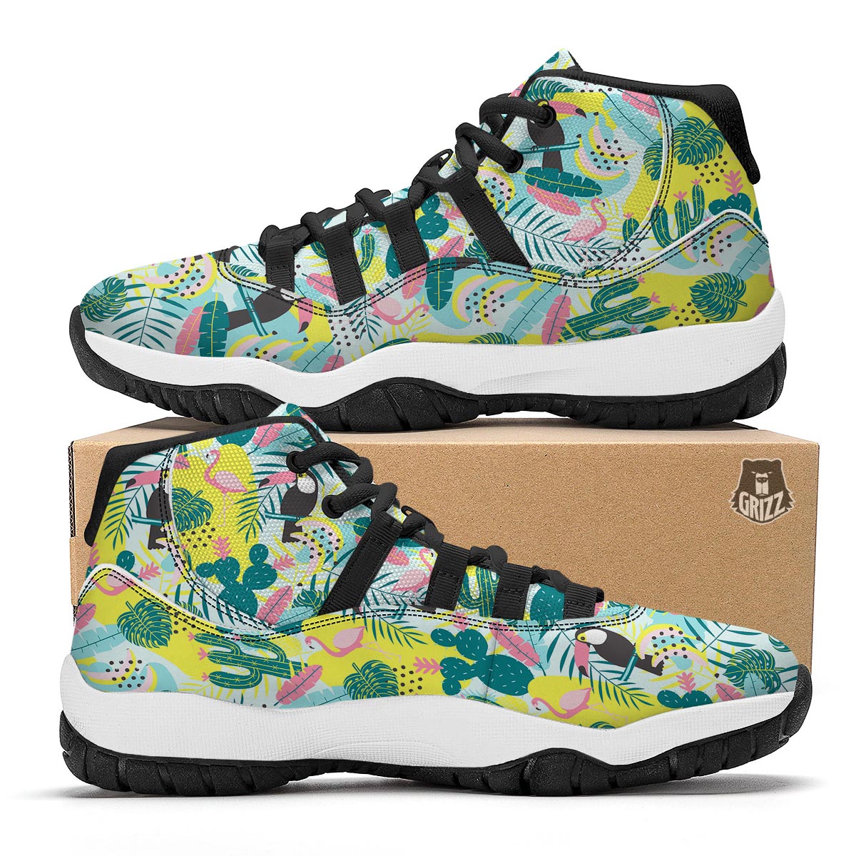 Flamingo Catus Tropical Hawaiian Pineapple Print Black Bball Shoes-grizzshop