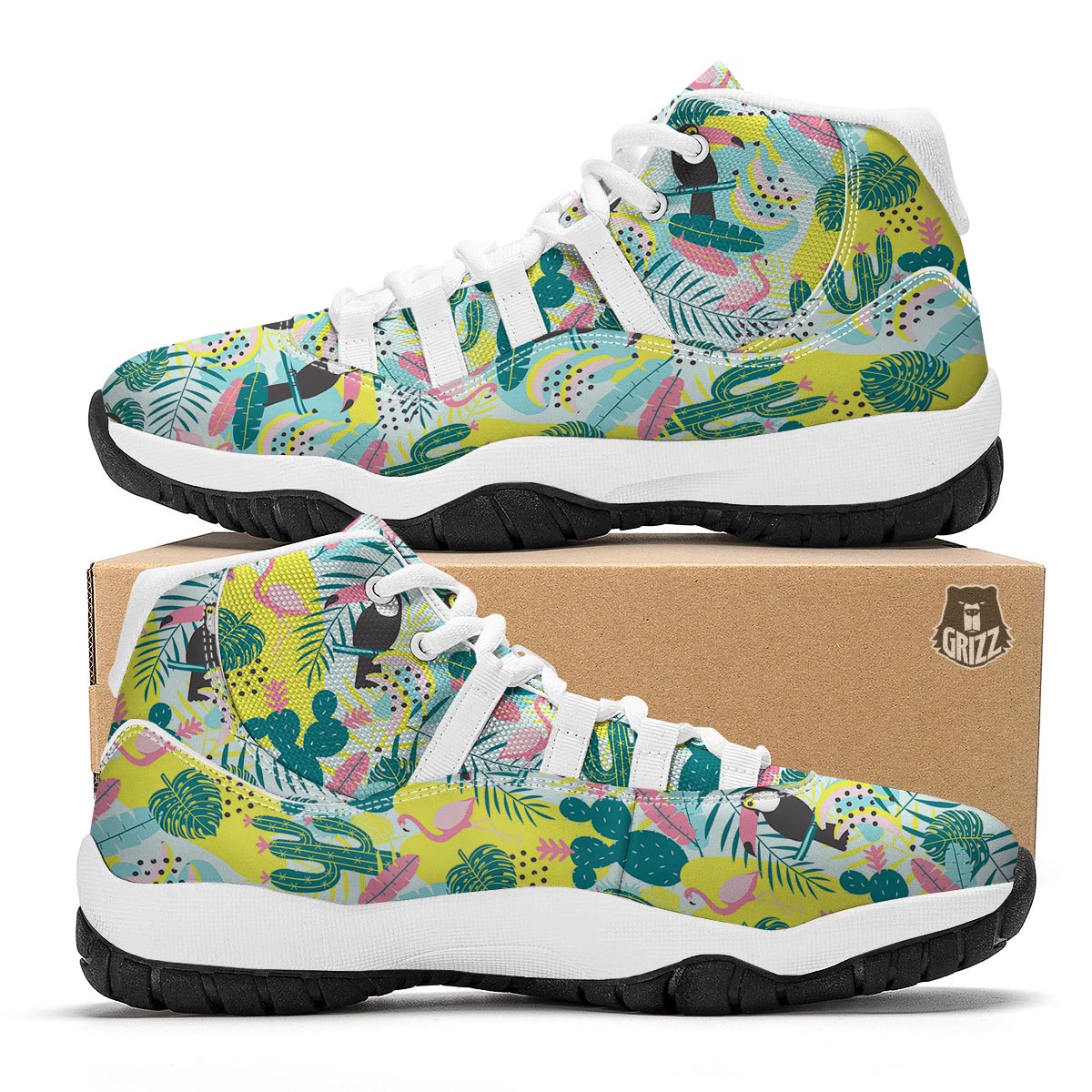 Flamingo Catus Tropical Hawaiian Pineapple Print White Bball Shoes-grizzshop