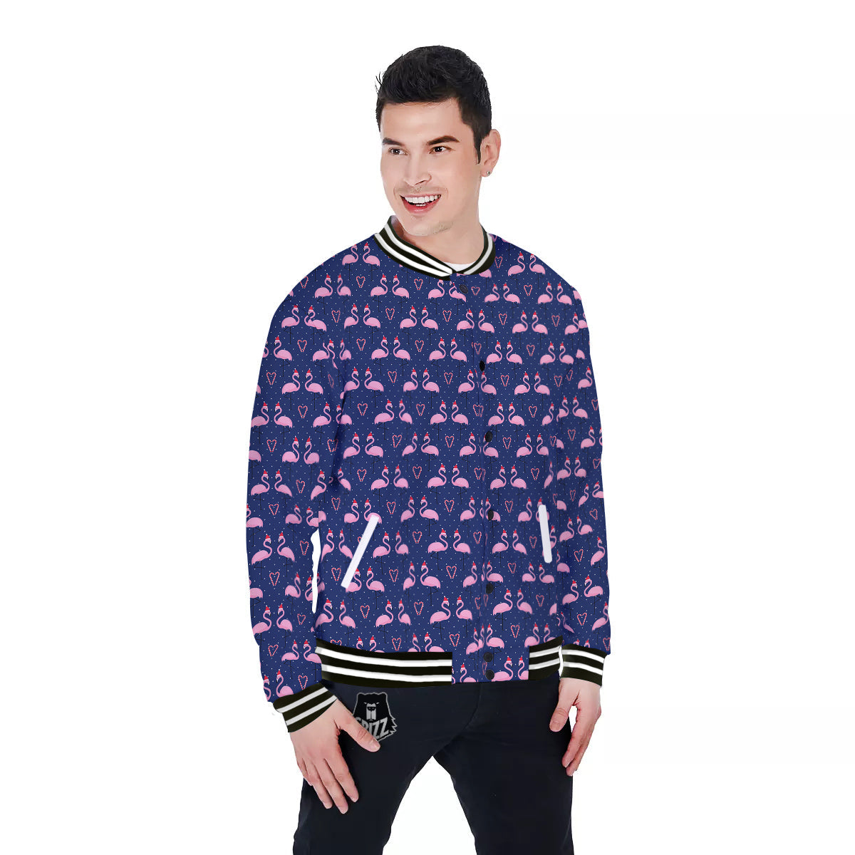 Flamingo Christmas Snowy Print Pattern Baseball Jacket-grizzshop