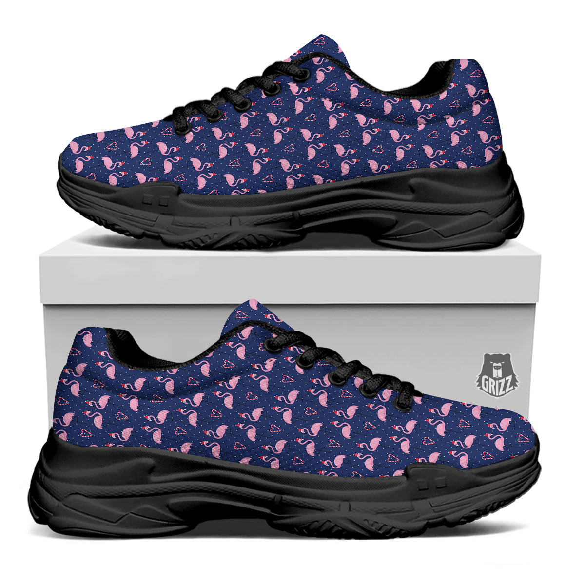 Flamingo Christmas Snowy Print Pattern Black Chunky Shoes-grizzshop