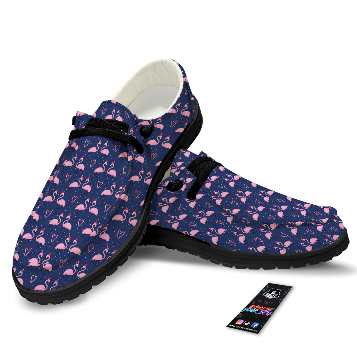 Flamingo Christmas Snowy Print Pattern Black Loafers-grizzshop