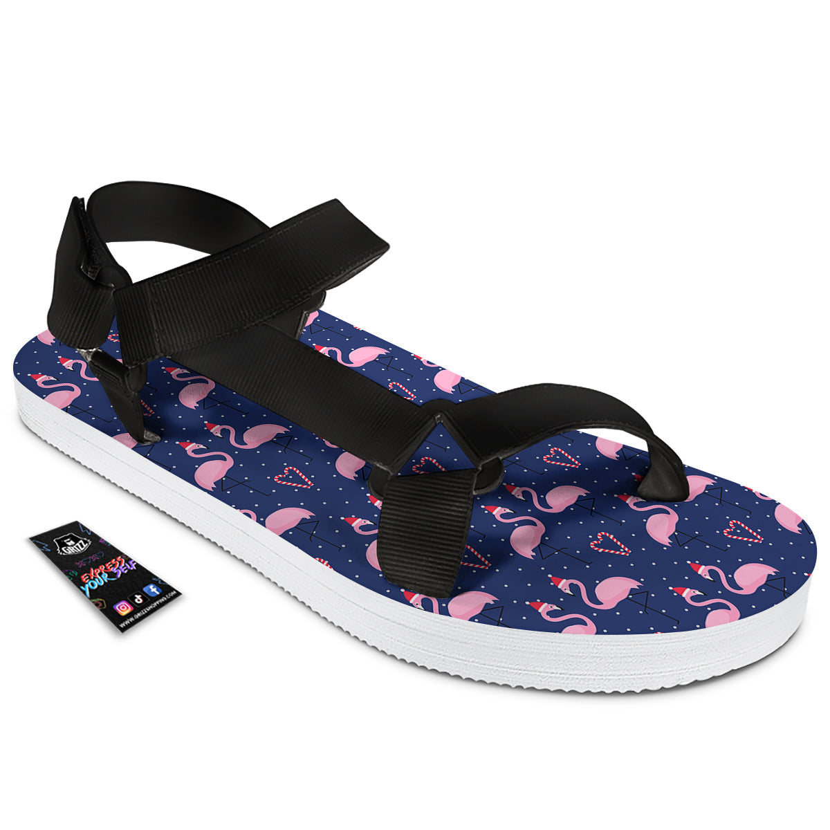Flamingo Christmas Snowy Print Pattern Black Open Toe Sandals-grizzshop