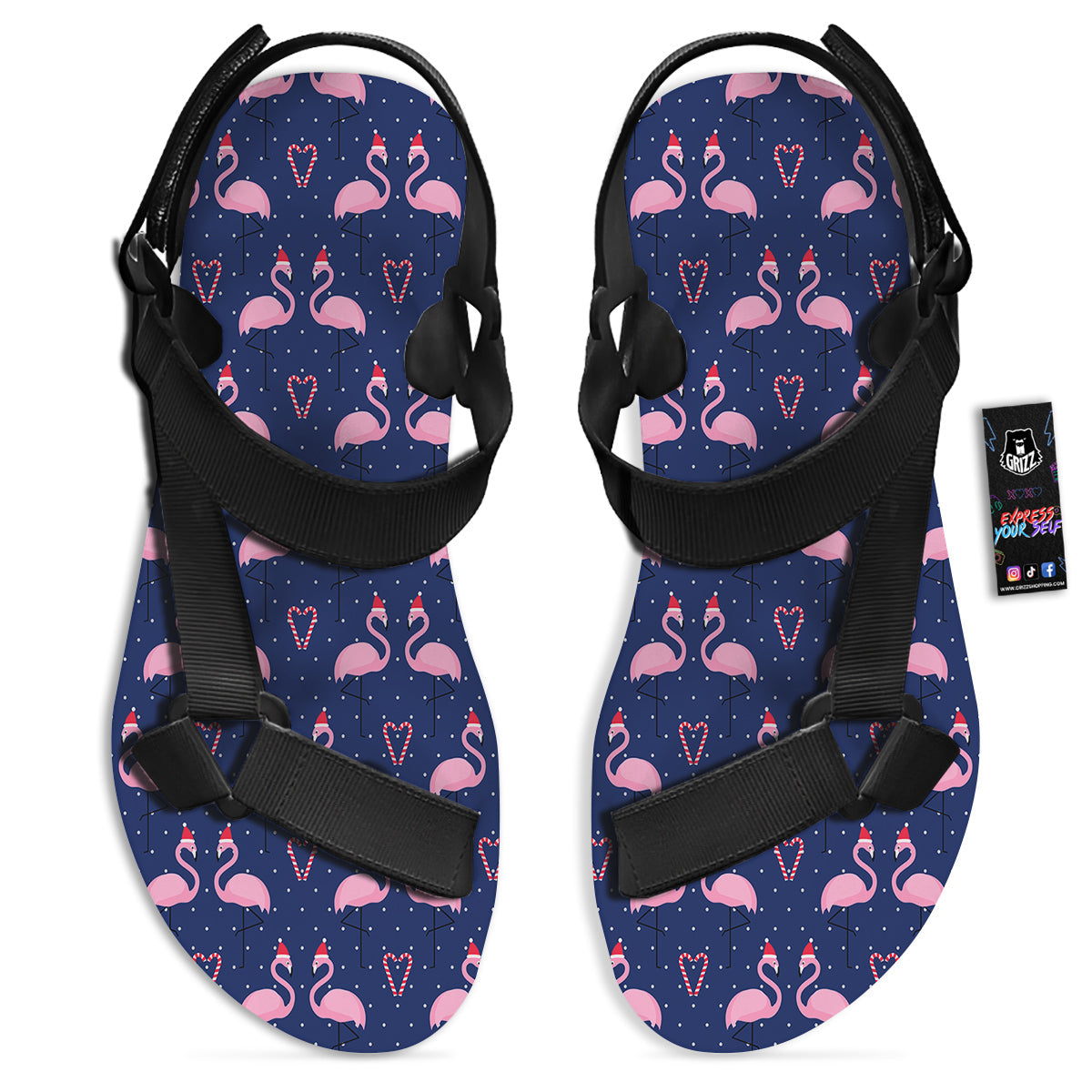 Flamingo Christmas Snowy Print Pattern Black Open Toe Sandals-grizzshop