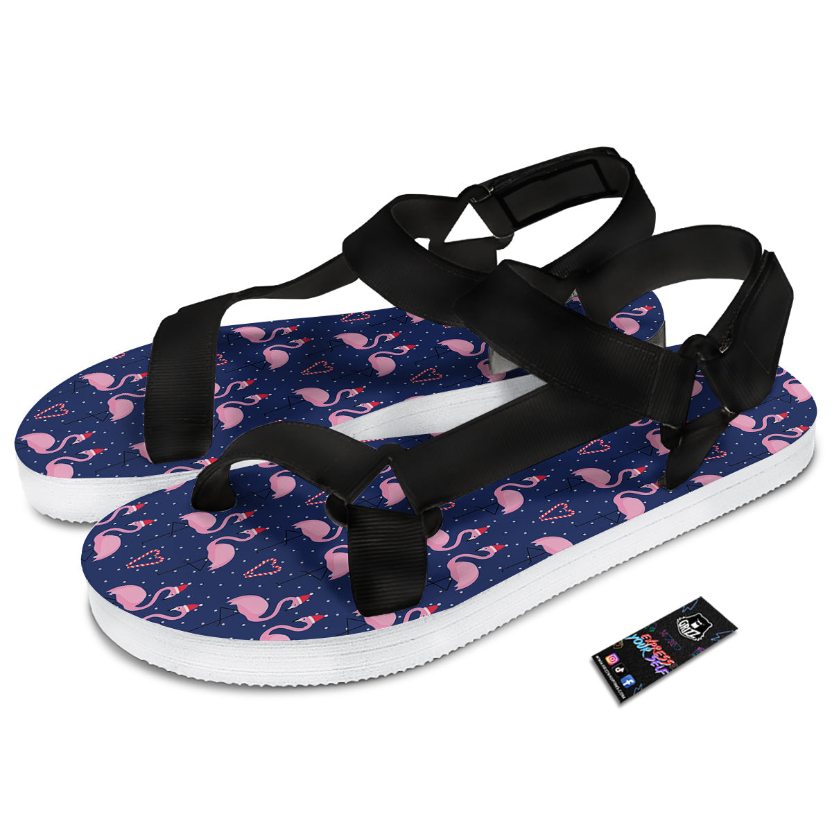Flamingo Christmas Snowy Print Pattern Black Open Toe Sandals-grizzshop
