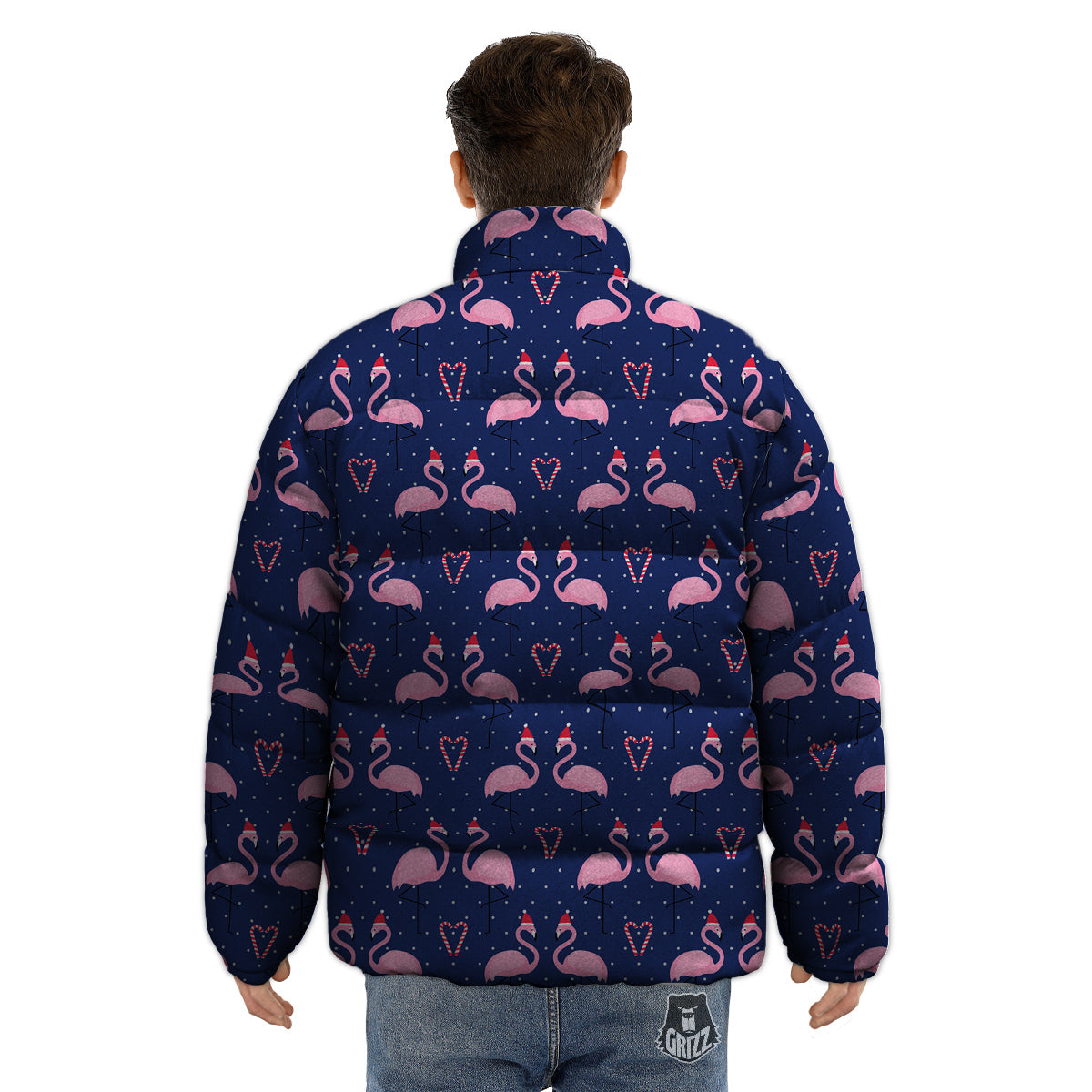 Flamingo Christmas Snowy Print Pattern Puffer Jacket-grizzshop
