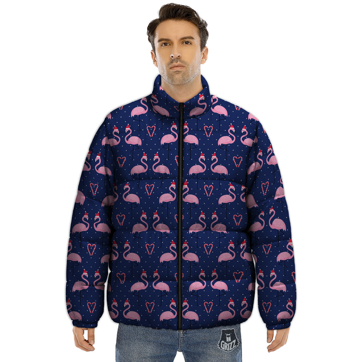 Flamingo Christmas Snowy Print Pattern Puffer Jacket-grizzshop