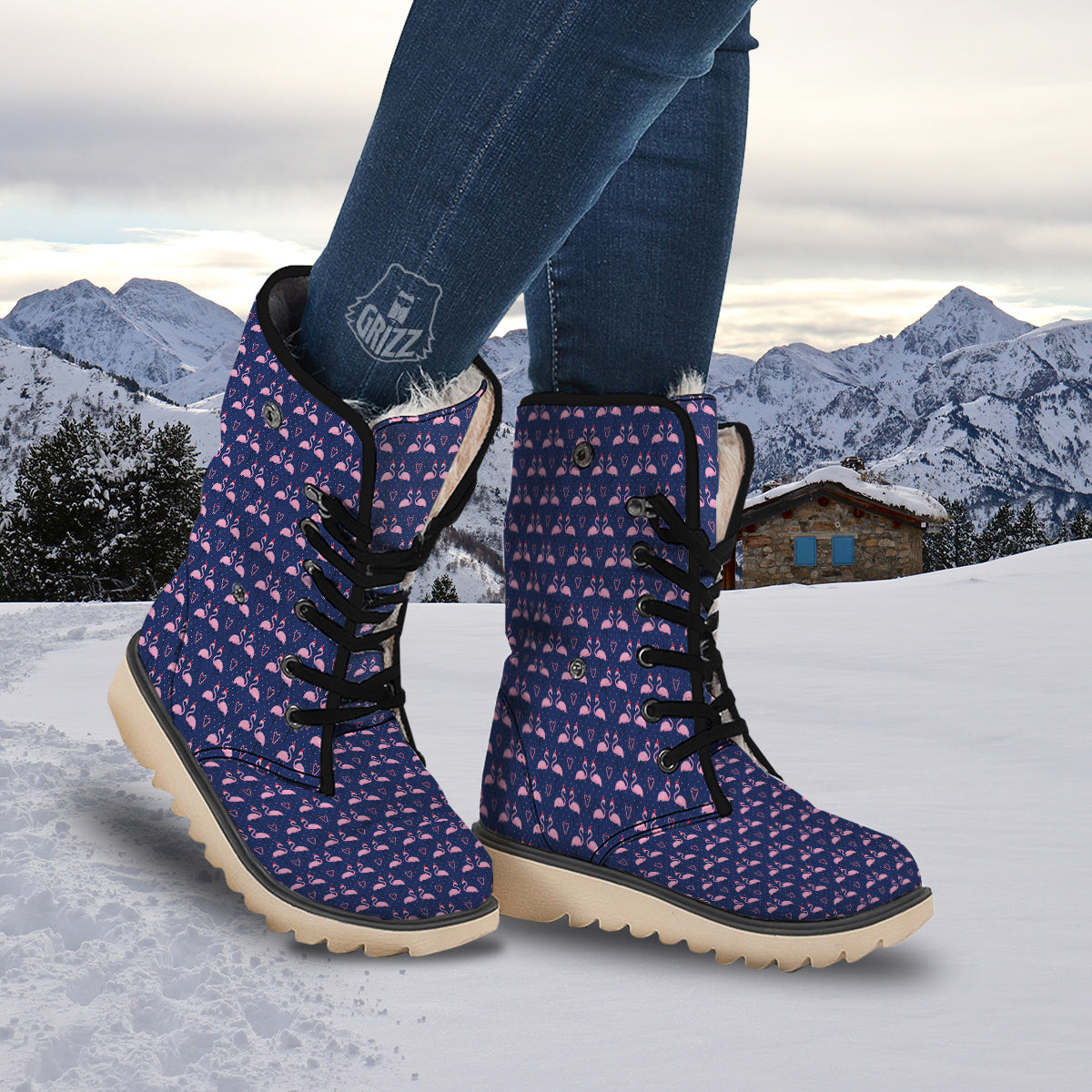 Flamingo Christmas Snowy Print Pattern Snow Boots-grizzshop