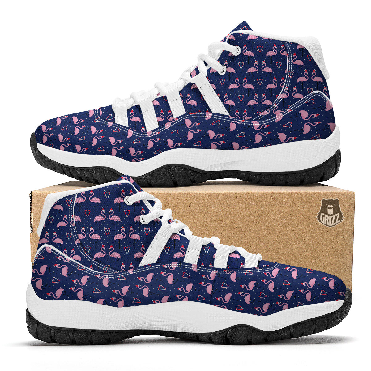 Flamingo Christmas Snowy Print Pattern White Bball Shoes-grizzshop