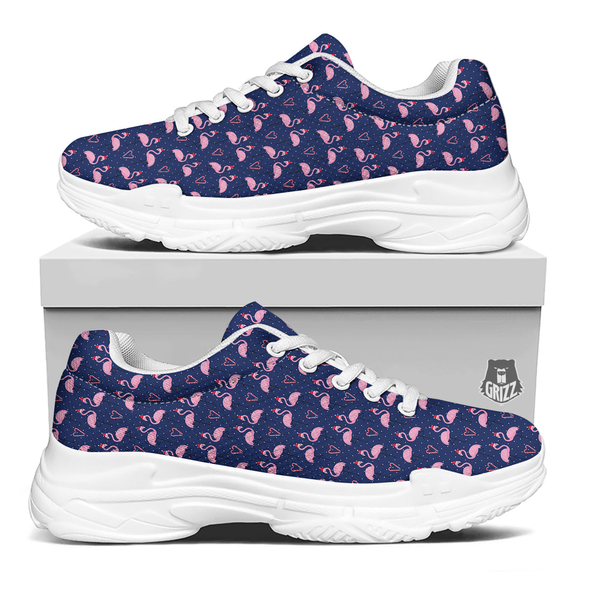 Flamingo Christmas Snowy Print Pattern White Chunky Shoes-grizzshop