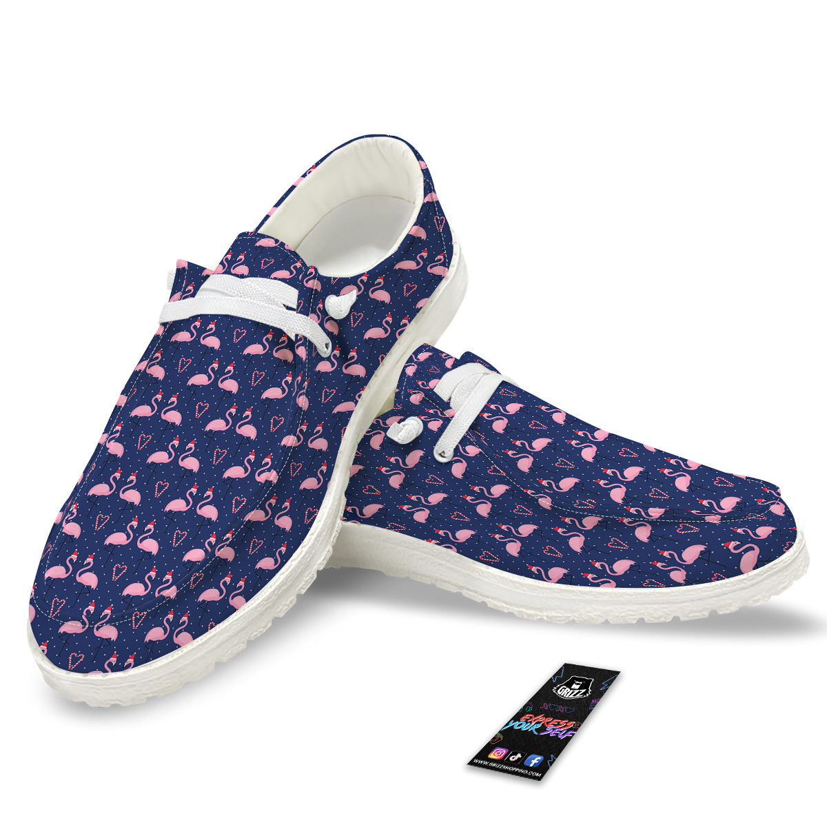 Flamingo Christmas Snowy Print Pattern White Loafers-grizzshop