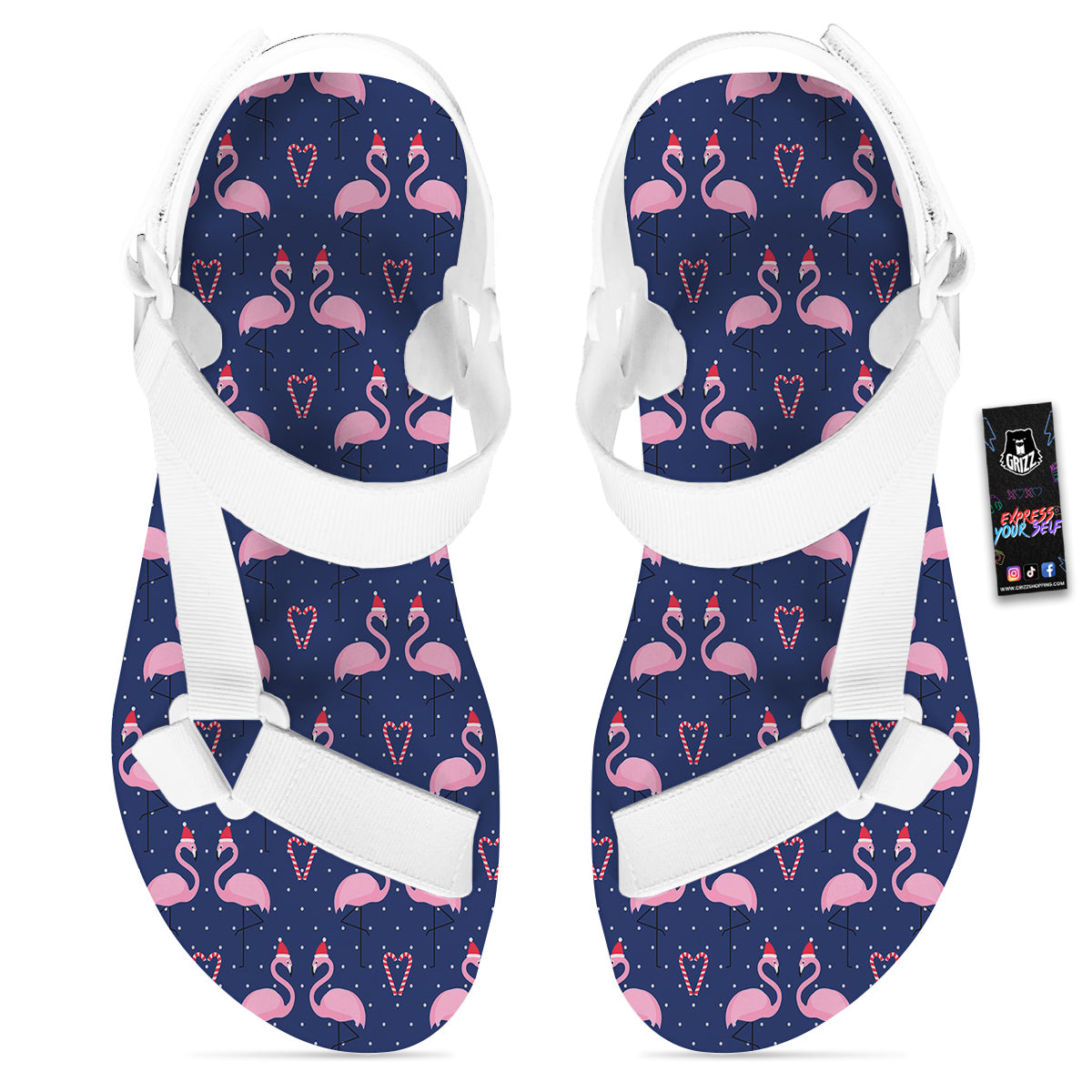 Flamingo Christmas Snowy Print Pattern White Open Toe Sandals-grizzshop