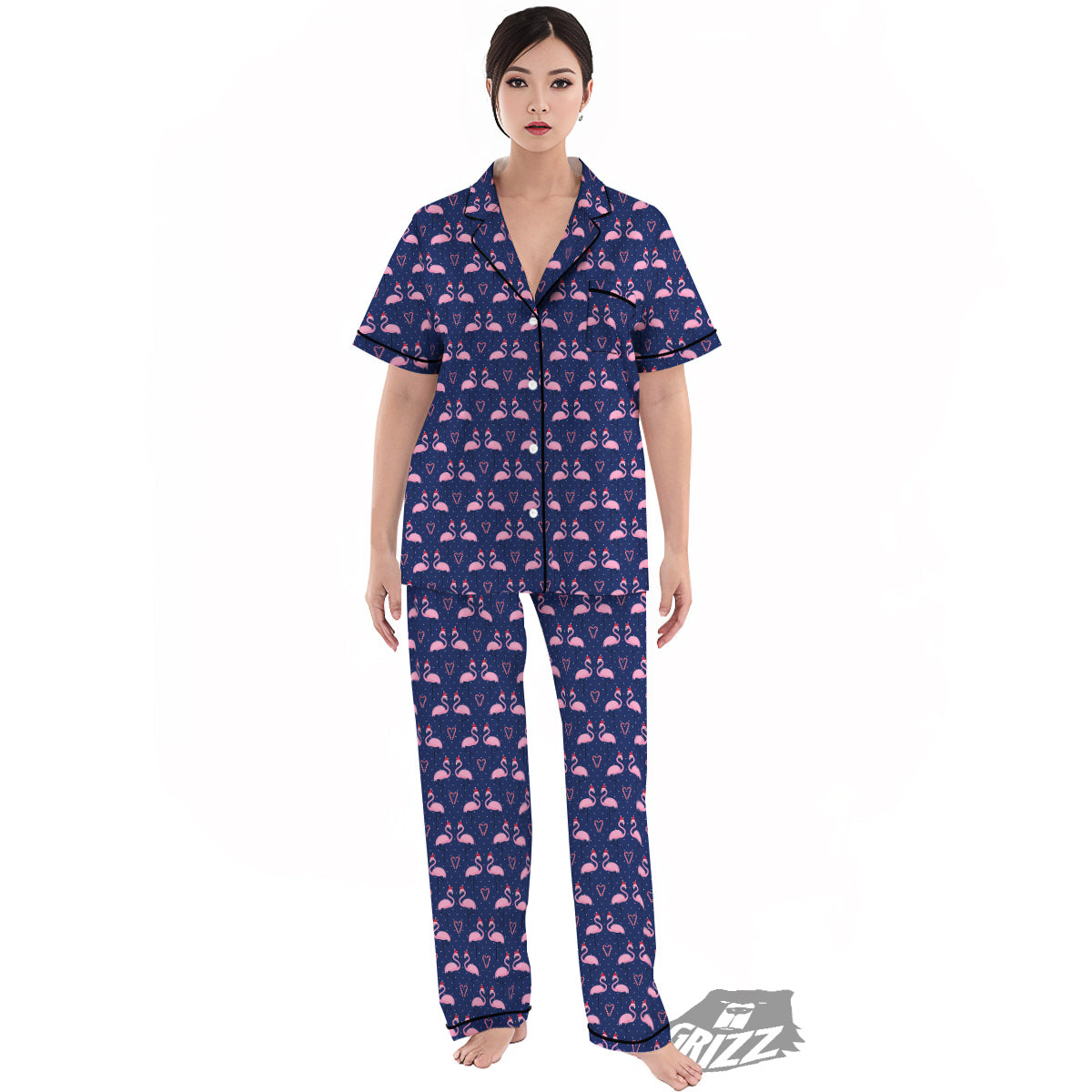 Flamingo Christmas Snowy Print Pattern Women's Pajamas Set-grizzshop