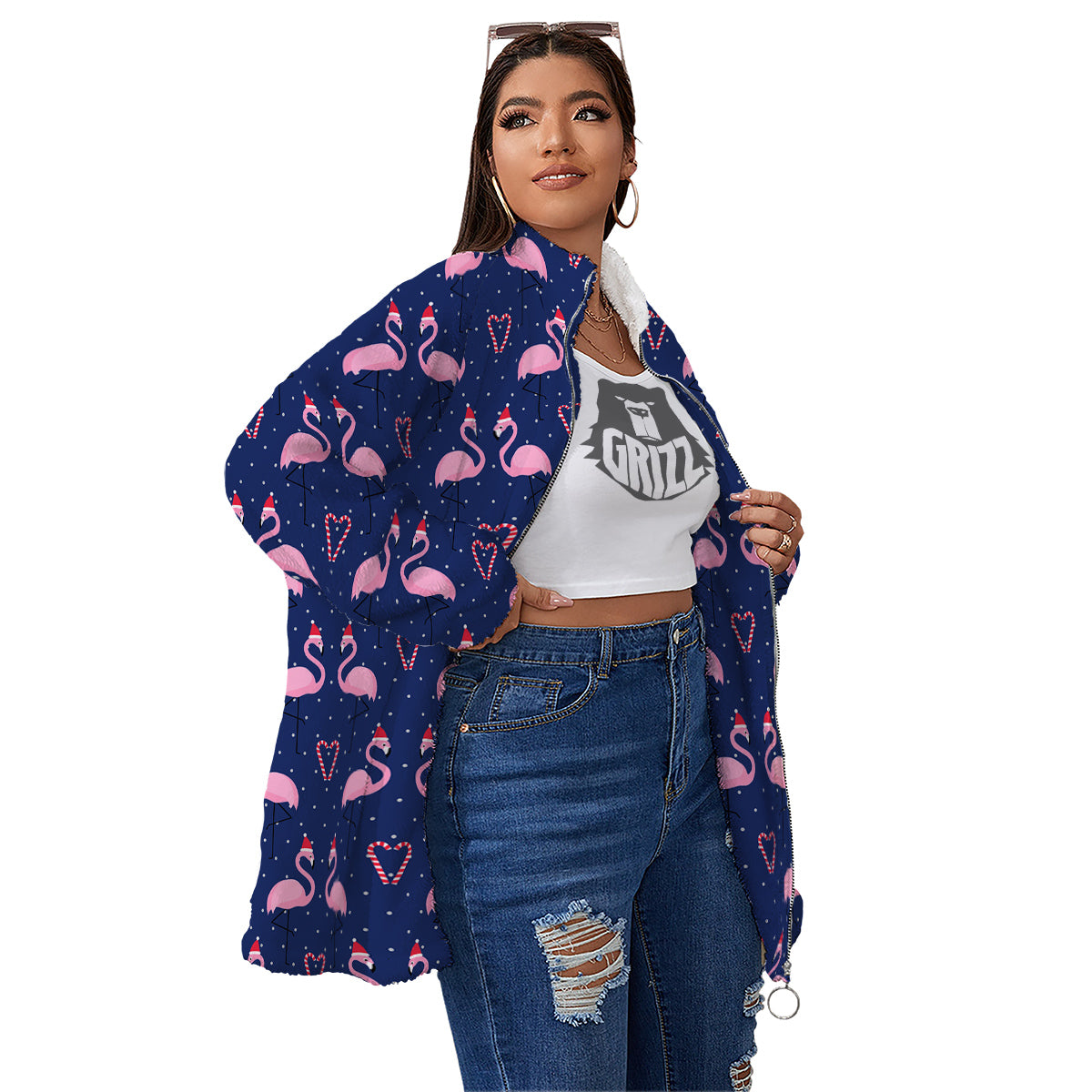 Flamingo Christmas Snowy Print Pattern Women's Sherpa Jacket-grizzshop
