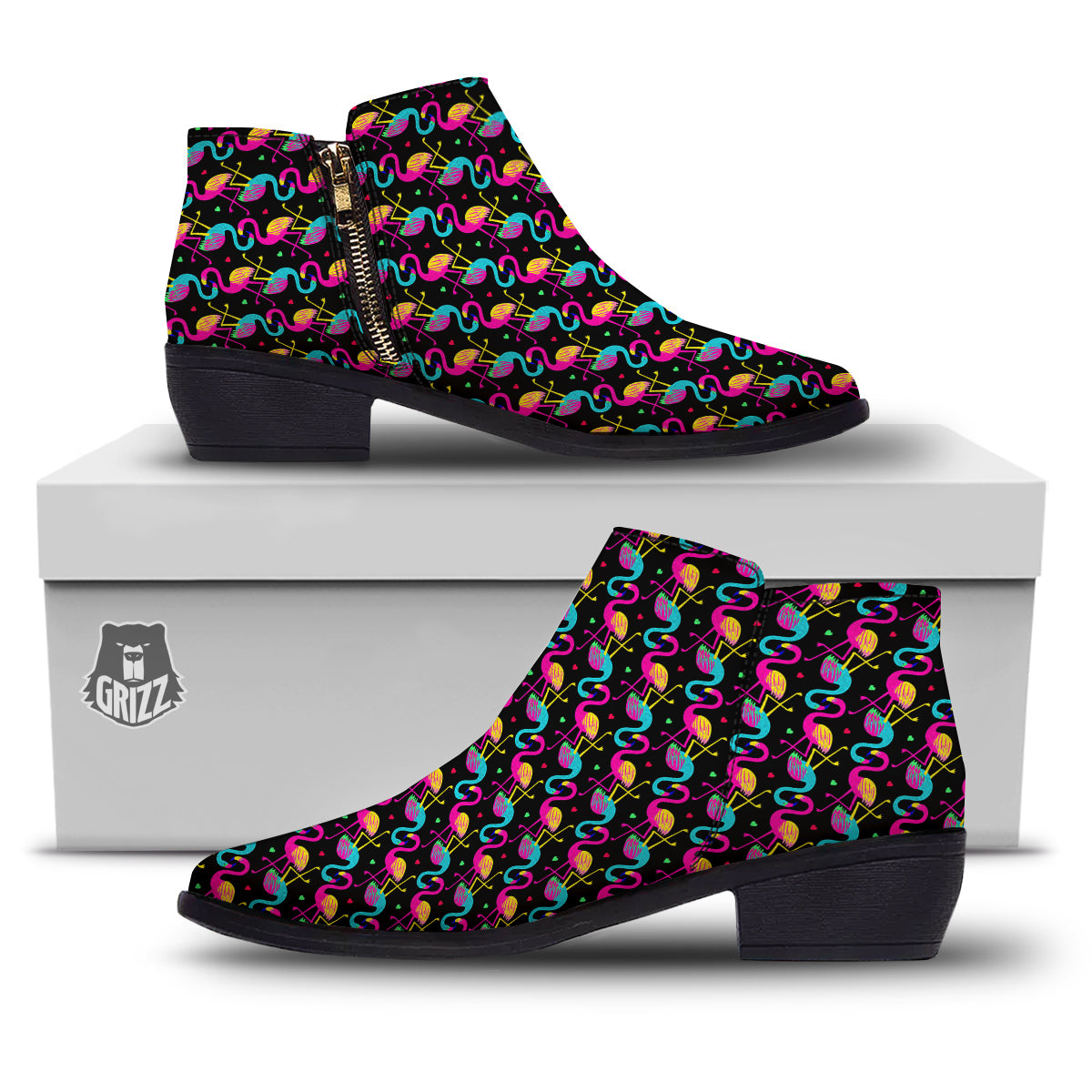 Flamingo Colorful Print Pattern Ankle Boots-grizzshop