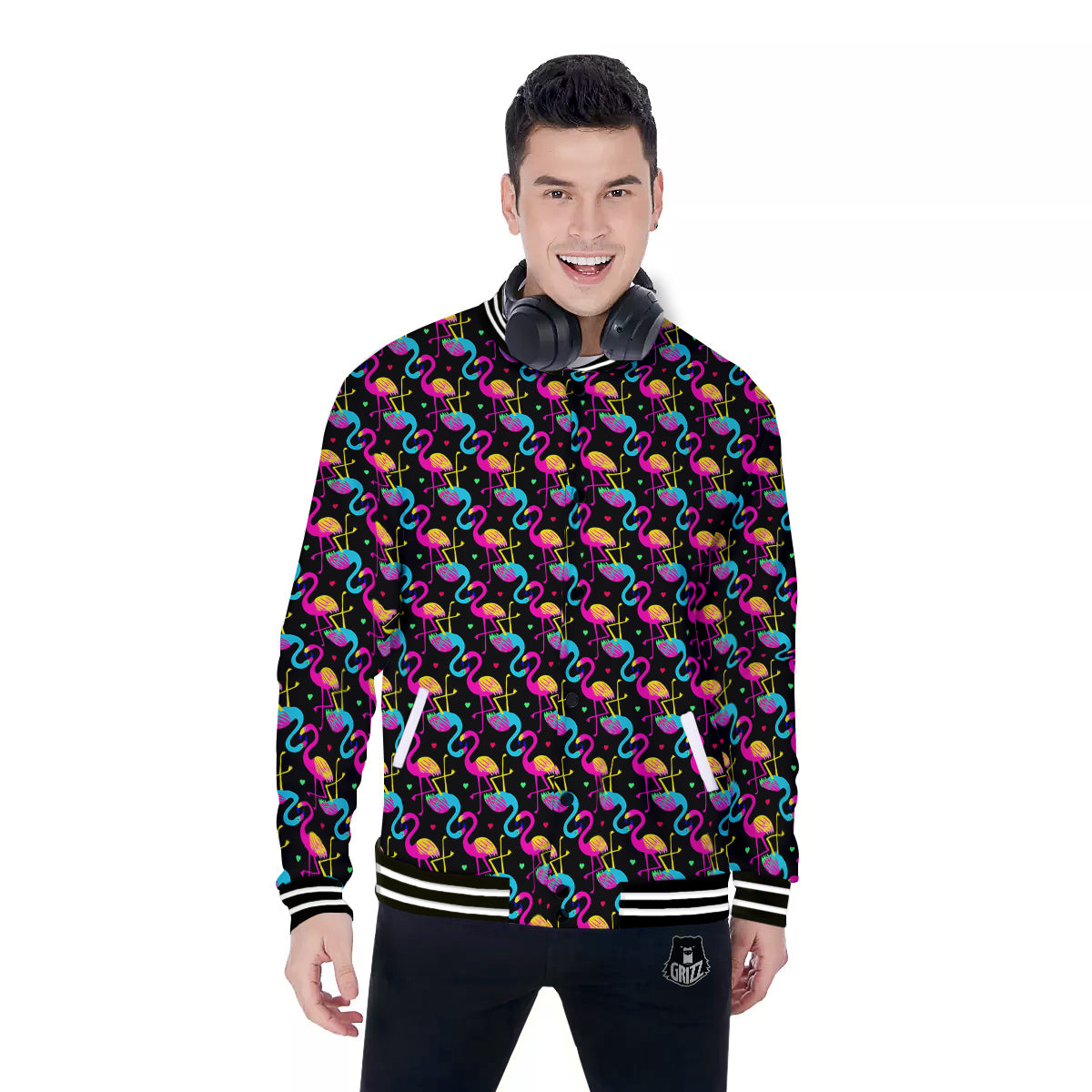 Flamingo Colorful Print Pattern Baseball Jacket-grizzshop