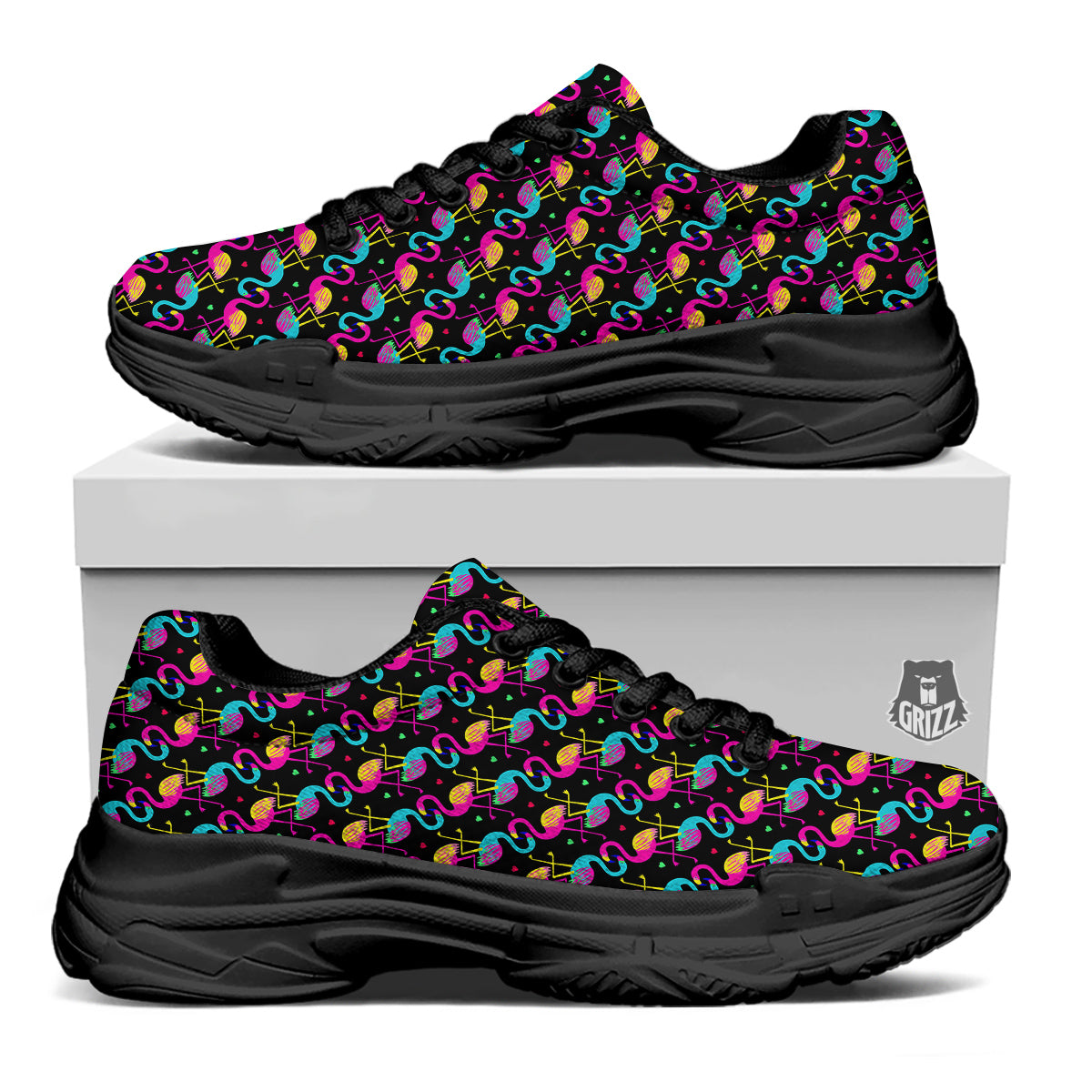 Flamingo Colorful Print Pattern Black Chunky Shoes-grizzshop