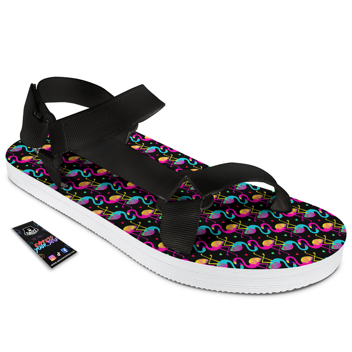 Flamingo Colorful Print Pattern Black Open Toe Sandals-grizzshop