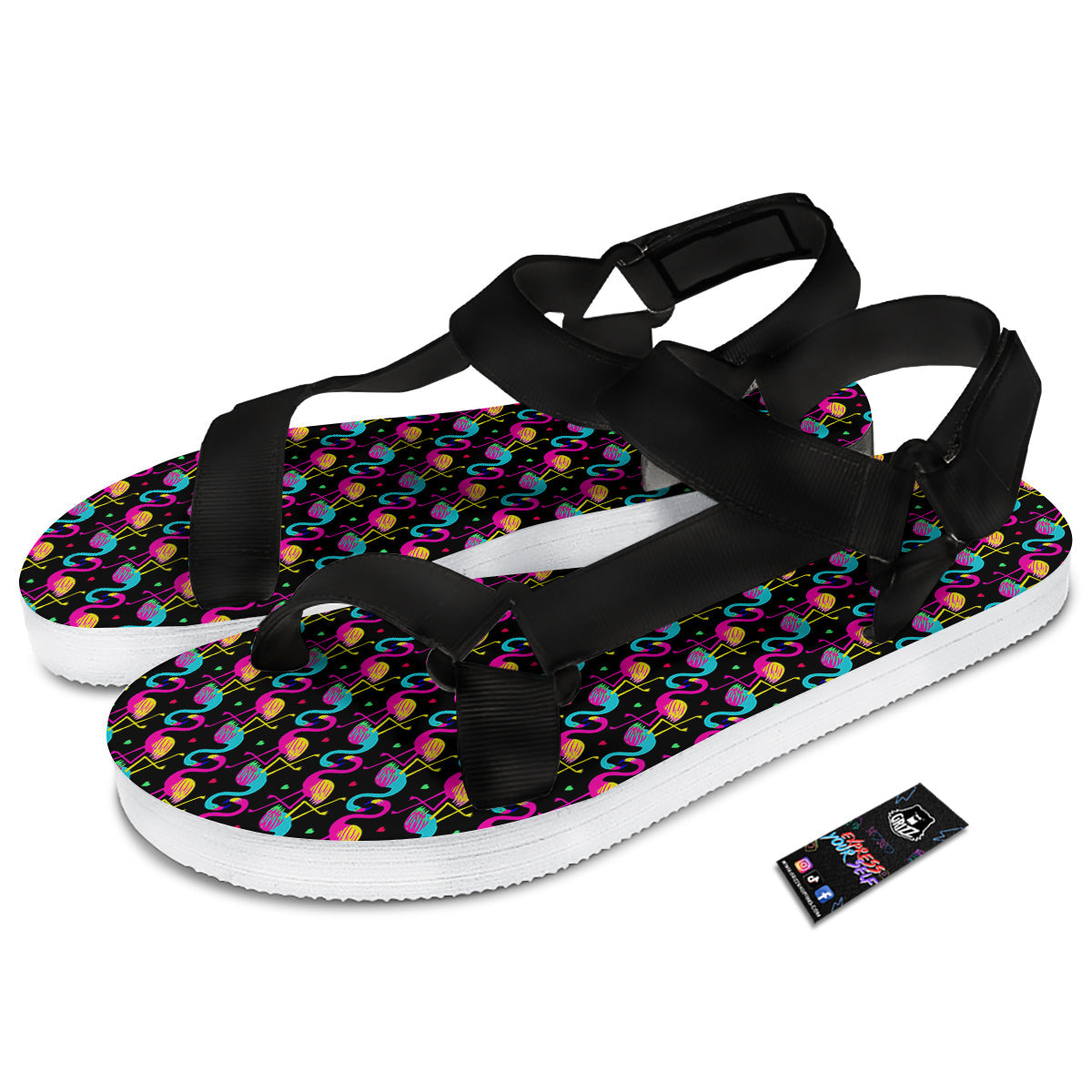 Flamingo Colorful Print Pattern Black Open Toe Sandals-grizzshop
