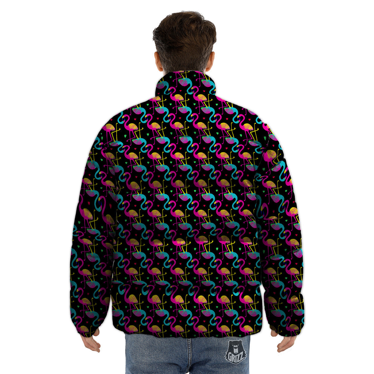 Flamingo Colorful Print Pattern Puffer Jacket-grizzshop